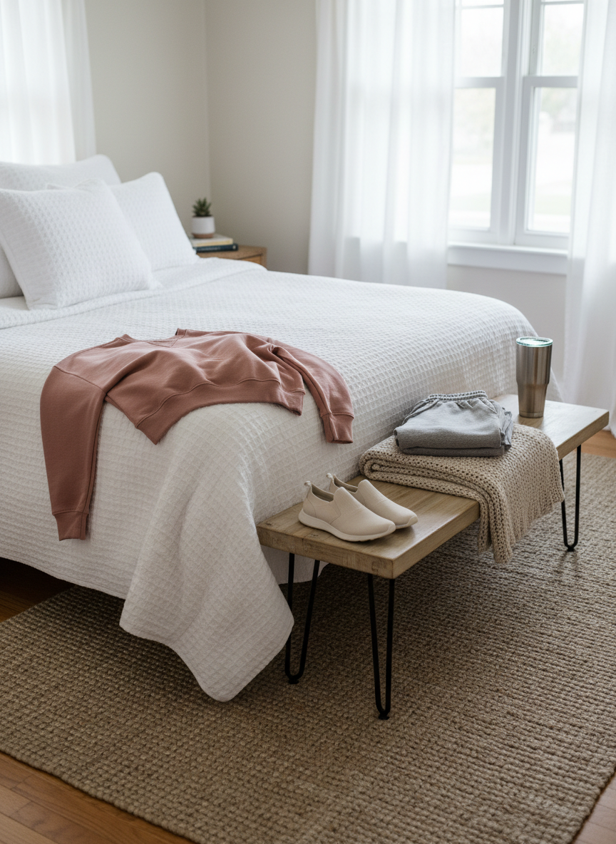 A cozy corner of a bright, lived-in Midwestern bedroom showcasing athleisure style: a neatly made bed with a textured white duvet, and at the foot, a folded set of heather-gray joggers and an oversized dusty-rose sweatshirt with slightly worn cuffs. Beside them, a pair of slip-on knit sneakers and a stainless steel insulated tumbler rest on a simple wooden bench. A neutral woven rug adds warmth on the floor. Diffused overcast daylight filters through sheer curtains, casting soft, even light across the scene. Shot at eye level with balanced composition and photographic realism, the atmosphere feels relaxed, honest, and attainable, perfect for illustrating comfortable day-off outfits.
