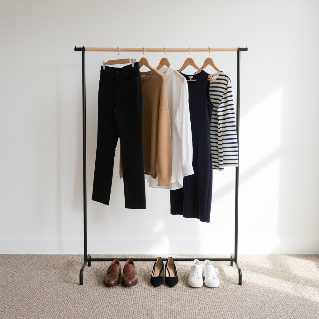 A clothing rack styled for a ‘workwear week’ capsule, standing on a lightly textured neutral rug in front of a soft white wall. On sturdy wooden hangers, a curated row of pieces: tailored black ankle pants, a pair of dark straight-leg jeans, a camel cardigan, a crisp white blouse, a simple navy sheath dress, and a striped Breton tee. At the base of the rack, neatly aligned loafers, low block-heel pumps, and white sneakers sit on the floor. Bright but soft natural daylight from the right creates clean, even illumination with gentle shadows behind the rack. Photographic realism with a straight-on, eye-level composition and sharp focus throughout conveys order, clarity, and accessible polish for nearly-50 everyday style.