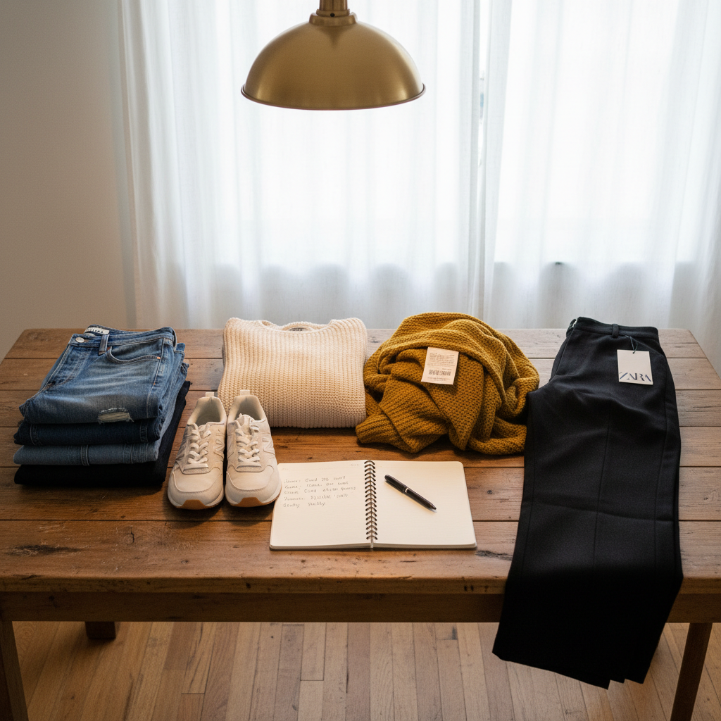 A simple wooden dining table transformed into a ‘try-on session’ scene, covered with a thoughtfully arranged mix of hits and misses in women’s fashion. On one side, a stack of comfy mid-rise jeans in various washes, each label visible, next to a pair of cushioned sneakers and a well-made cardigan. On the other, a couple of rejected items—too-stiff trousers and a scratchy-looking sweater—are slightly rumpled, with their tags and care labels showing. A notebook lies open with hand-written fit notes and a pen across the page. Soft overhead pendant lighting adds warm, homey illumination, while a nearby window contributes gentle natural fill light. Photographic realism with a slightly elevated angle captures the honest, evaluative mood of real-life wardrobe decision-making.