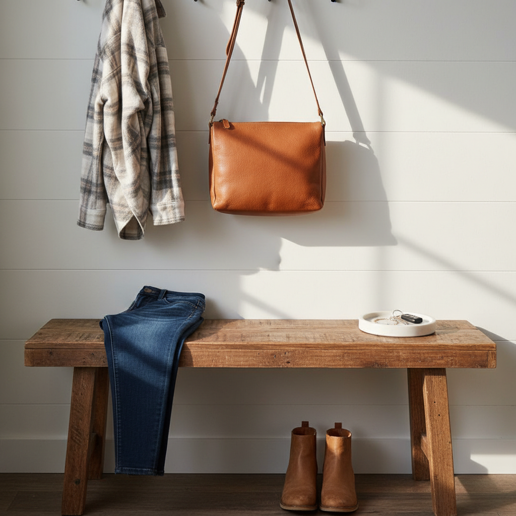 A small entryway bench styled as a ‘real-life mom on the go’ outfit station: a pair of dark-wash, slightly stretchy jeans folded over the edge, a neatly draped soft plaid shacket in muted neutrals on a nearby hook, and a pair of weathered tan ankle boots placed beneath. A crossbody bag in caramel leather hangs above, with keys and a simple gold bracelet resting in a ceramic tray on the bench. Warm late-afternoon light enters from an unseen side window, creating gentle highlights on the leather and soft shadows against the white wall. Photographic realism, slightly angled perspective and rule-of-thirds framing convey a practical, welcoming Midwestern home vibe with subtle sophistication.